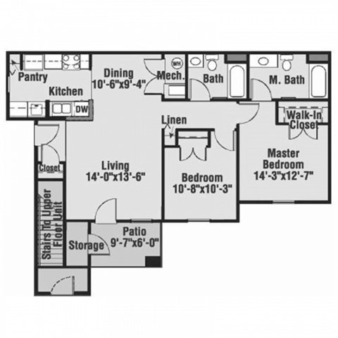 Floor plan for 2 beds, 2 baths, 1079 sqft